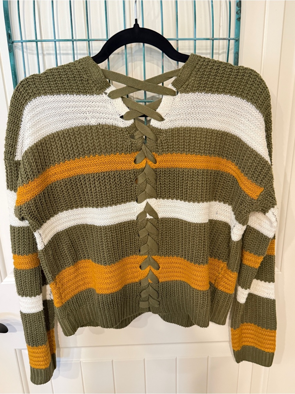 FCT with Love Striped Sweater Medium Olive Mustard Cream V-Neck Boho - Picture 3 of 8